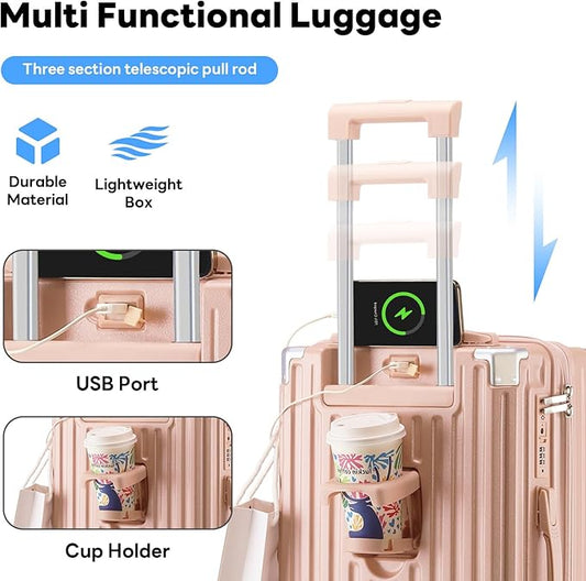 (14+20+24)Inch Carry on Luggage Carry-on with Cup Holder & USB Port, Luggage with Airline Approved TSA Lock, Softside Lightweight carry on luggage 22x14x9 airline approved 360° Double Spinner 8 Wheels