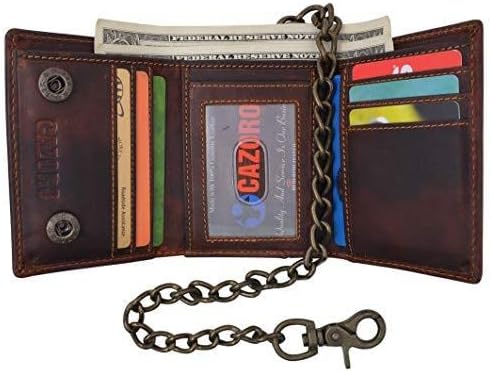 Men's RFID Blocking Trifold Vintage Leather Biker Chain Wallet With Snap Closure