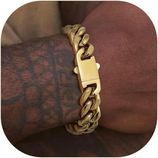 Stainless Steel Bracelets for Men,Cuban Link Mens Bracelet Silver/Black/Gold Plated Classic Chain Wrist Bracelets Jewelry Gifts for Dad Husband 5/7/9/12MM Width,7.5"/8.3"/9" Length with Gift Box