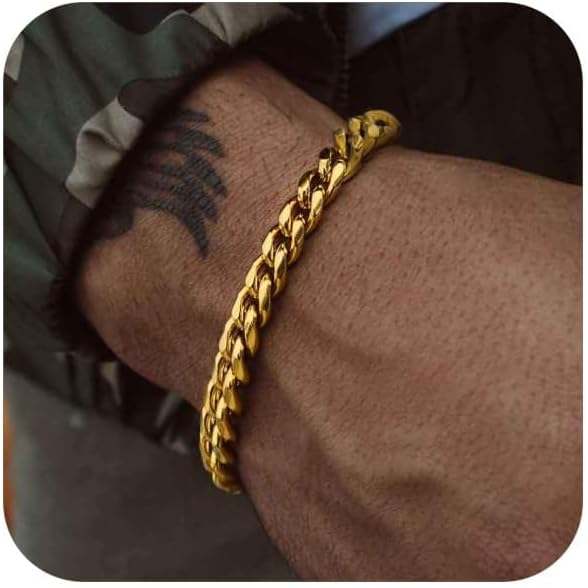 ChainsPro Cuban Link Bracelet for Mens, 6/10/14 mm, 19-21CM Length, 18K Gold Plated/316L Stainless Steel/Black-With Gift Box