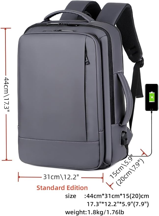 17/15.6" Business laptop backpack, PU Travel laptop backpack,carry on backpack, Expandable laptop backpack Men,college backpack (01#Standard, Grey)