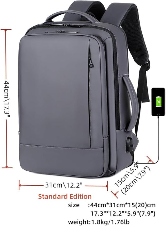 17/15.6" Business laptop backpack, PU Travel laptop backpack,carry on backpack, Expandable laptop backpack Men,college backpack (01#Standard, Grey)