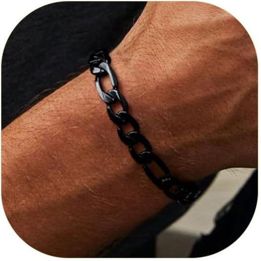 ChainsPro Men Sturdy Figaro/Cuban Chain Bracelet, 6/9/13mm Width, 7.48/8.26inch Length, 316L Stainless Steel/18K Gold Tone/Black- Send Gift Box