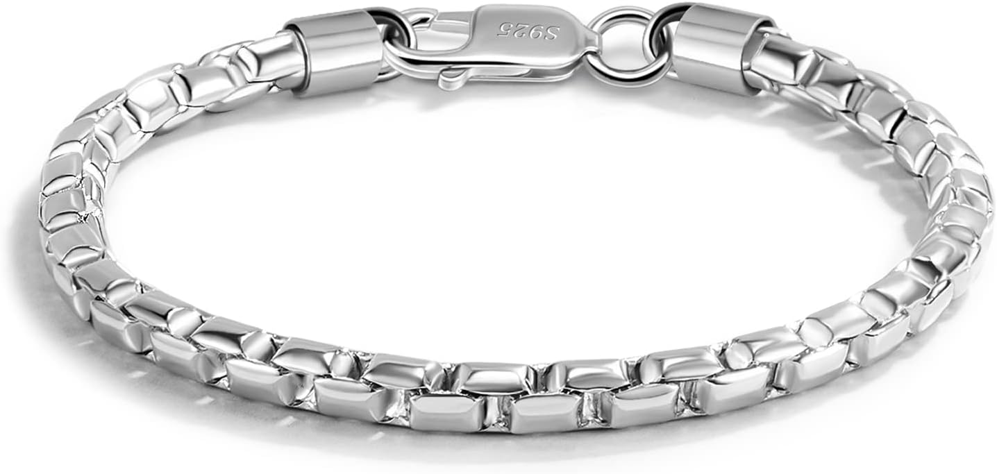 Dankadi Men 925 Sterling Silver Bracelet Fashion Italy 5MM Square Rolo Link Round Box Chain Bangle 6.5 "7" 7.5 "8" 8.5" 9" Fine Cuff Jewelry Gift
