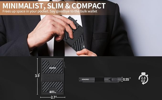 Slim Wallet for Men, Minimalist RFID Blocking Mens Wallet with Pop Up Case, Thin Metal Credit Card Holder with Cash Strap & Expandable Backplate - Holds 12 Cards