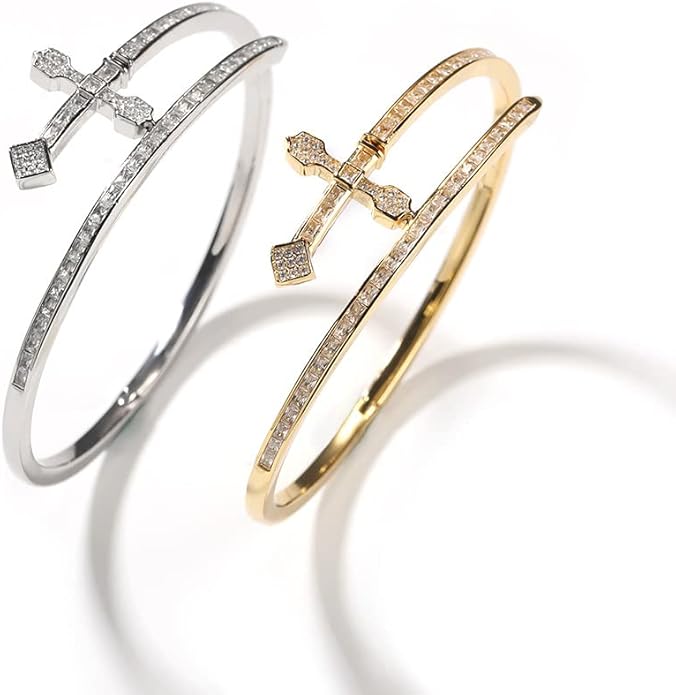 Lulu Mel Iced Out Baguette Diamond Bracelet Jewelry for Women, Hip Hop Mens 14k Gold Silver Plated Cubic Zirconia Bangle Bracelet, Men Heart Cuff Bracelet With Jewelry Box