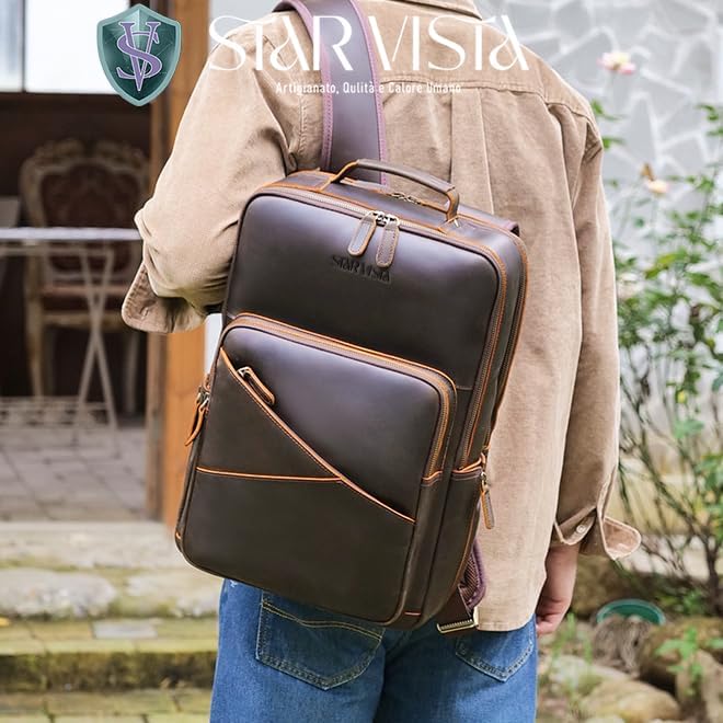 STAR VISTA 15.6" Trajan Vintage Full Grain Leather Laptop Backpack for Men, Multi Pockets, Casual Outdoor Business Travel Rucksack, YKK Zippers, Dark Brown