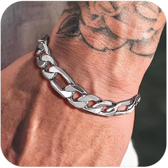 ChainsPro Men Sturdy Figaro/Cuban Chain Bracelet, 6/9/13mm Width, 7.48/8.26inch Length, 316L Stainless Steel/18K Gold Tone/Black- Send Gift Box