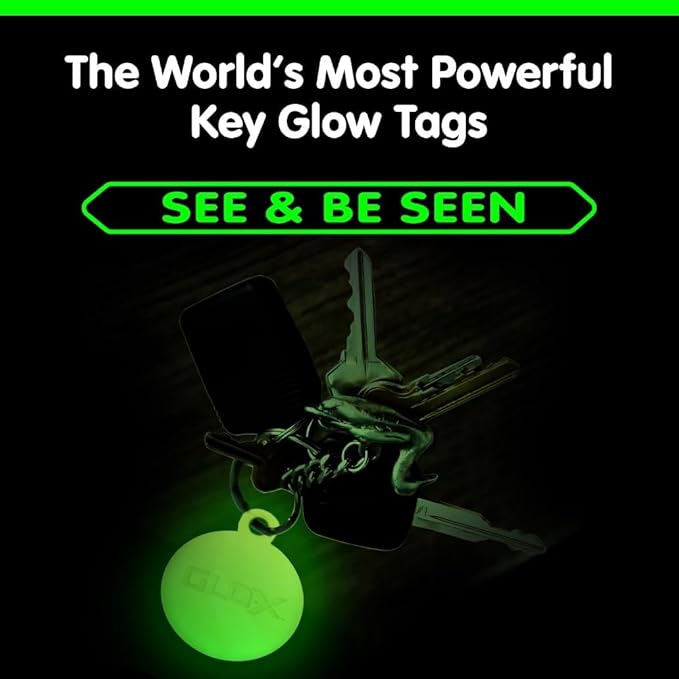 GLO-X Glow in The Dark Keychain - Find Your Light Up Key Chain In The Dark -12+ Hours Glow Time – Solar Powered Tags with Ring