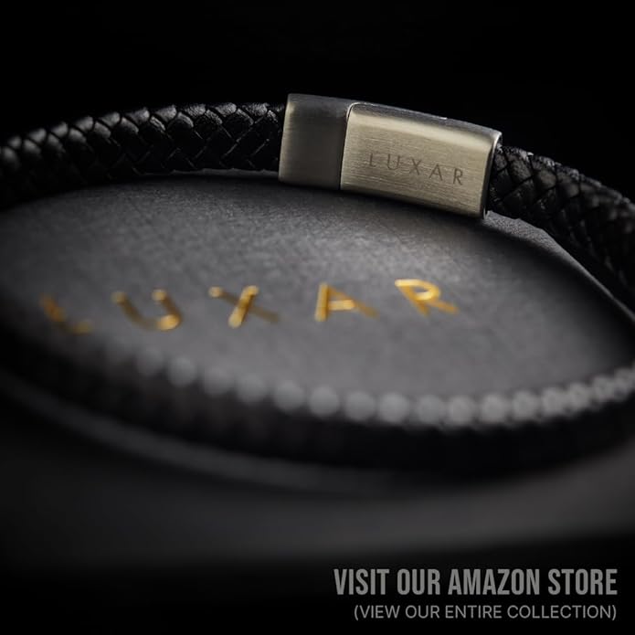 LUXAR Men’s Genuine Leather Bracelet | Interwoven Black Leather Bracelets with Brush Stainless Steel Clasp | Minimalist, Designer Jewelry for Men