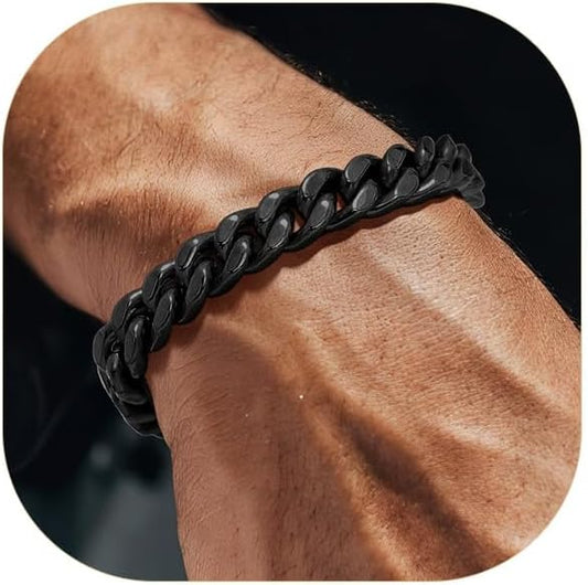 Stainless Steel Bracelets for Men,Cuban Link Mens Bracelet Silver/Black/Gold Plated Classic Chain Wrist Bracelets Jewelry Gifts for Dad Husband 5/7/9/12MM Width,7.5"/8.3"/9" Length with Gift Box