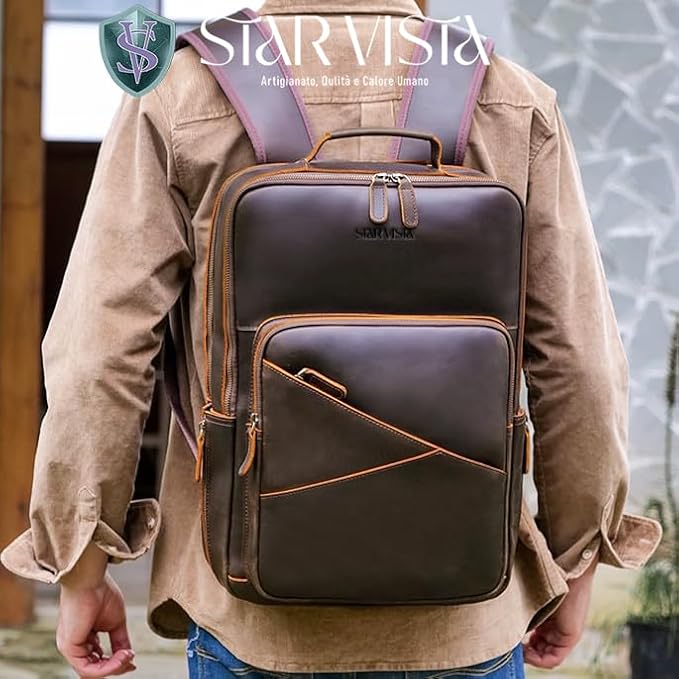 STAR VISTA 15.6" Trajan Vintage Full Grain Leather Laptop Backpack for Men, Multi Pockets, Casual Outdoor Business Travel Rucksack, YKK Zippers, Dark Brown