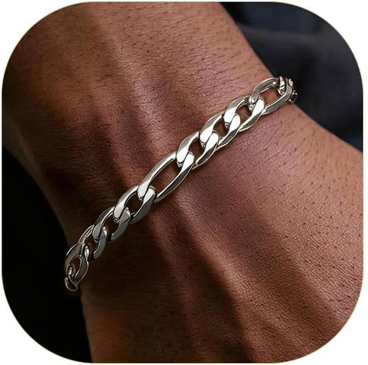 ChainsPro Men Sturdy Figaro/Cuban Chain Bracelet, 6/9/13mm Width, 7.48/8.26inch Length, 316L Stainless Steel/18K Gold Tone/Black- Send Gift Box