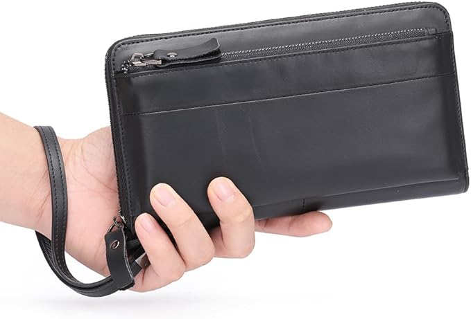 LUKZIJAES Long Wallets for Men Genuine Leather Casual Business Man Wallet with Zipper Large Capacity Phone Handbag Mens Clutch Purse (#5-Black) (#5-Black)