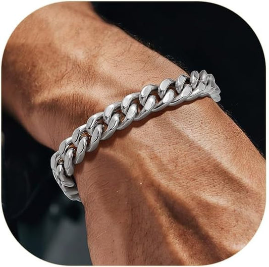 Stainless Steel Bracelets for Men,Cuban Link Mens Bracelet Silver/Black/Gold Plated Classic Chain Wrist Bracelets Jewelry Gifts for Dad Husband 5/7/9/12MM Width,7.5"/8.3"/9" Length with Gift Box