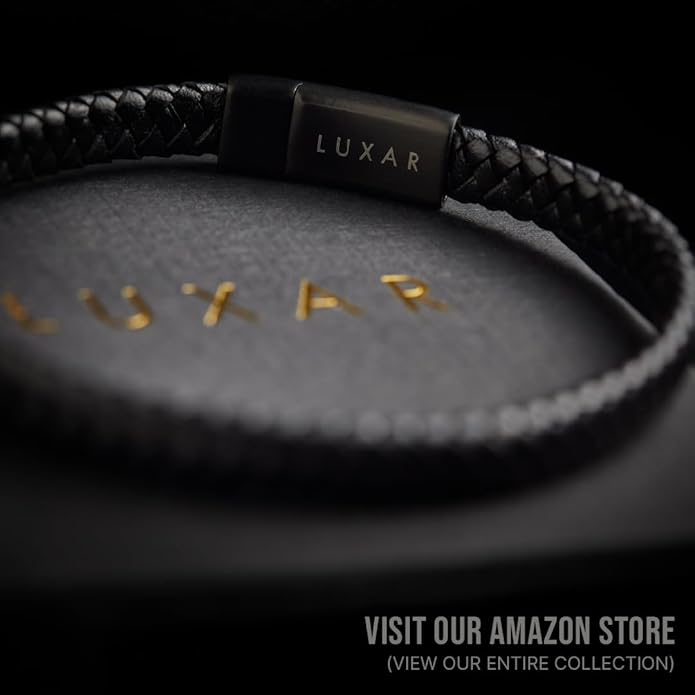 LUXAR Men’s Genuine Leather Bracelet | Interwoven Black Leather Bracelets with Brush Stainless Steel Clasp | Minimalist, Designer Jewelry for Men
