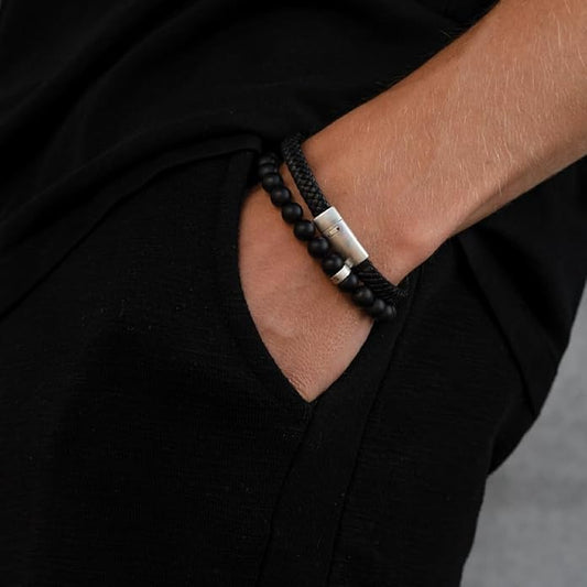LUXAR Men’s Genuine Leather Bracelet | Interwoven Black Leather Bracelets with Brush Stainless Steel Clasp | Minimalist, Designer Jewelry for Men