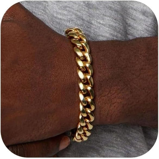 ChainsPro Cuban Link Bracelet for Mens, 6/10/14 mm, 19-21CM Length, 18K Gold Plated/316L Stainless Steel/Black-With Gift Box