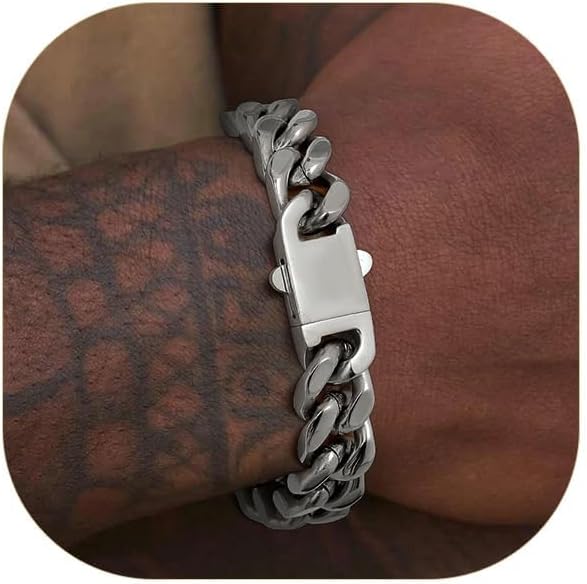 Stainless Steel Bracelets for Men,Cuban Link Mens Bracelet Silver/Black/Gold Plated Classic Chain Wrist Bracelets Jewelry Gifts for Dad Husband 5/7/9/12MM Width,7.5"/8.3"/9" Length with Gift Box