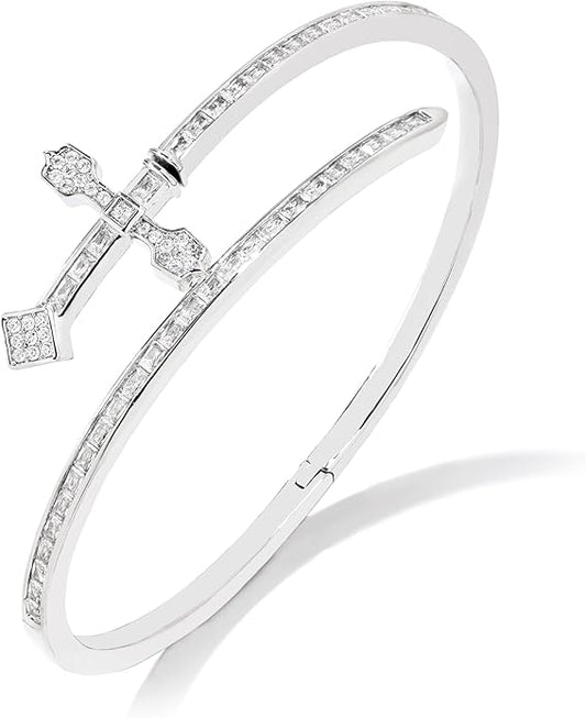 Lulu Mel Iced Out Baguette Diamond Bracelet Jewelry for Women, Hip Hop Mens 14k Gold Silver Plated Cubic Zirconia Bangle Bracelet, Men Heart Cuff Bracelet With Jewelry Box