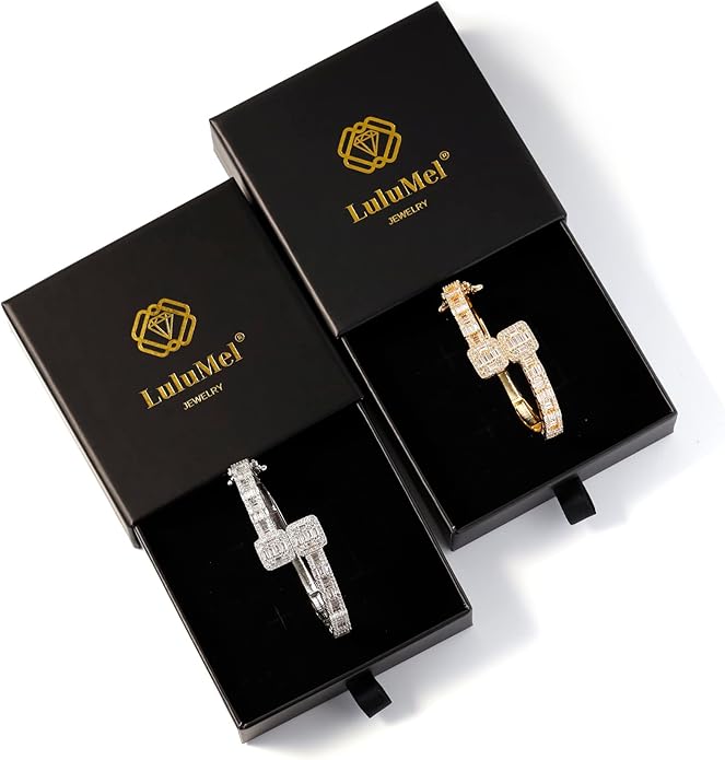 Lulu Mel Iced Out Baguette Diamond Bracelet Jewelry for Women, Hip Hop Mens 14k Gold Silver Plated Cubic Zirconia Bangle Bracelet, Men Heart Cuff Bracelet With Jewelry Box