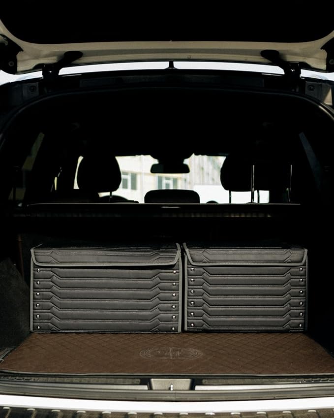 Owleys Car Caddy Organizer Set - 17.7" + 21.6" SUV Trunk Organizer Bundle For Road Trips, Groceries & Tools - Foldable Crates With Magnetic Lids - Stylish Gift For Men - Black Highway