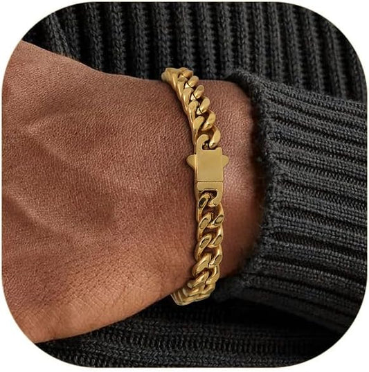 Stainless Steel Bracelets for Men,Cuban Link Mens Bracelet Silver/Black/Gold Plated Classic Chain Wrist Bracelets Jewelry Gifts for Dad Husband 5/7/9/12MM Width,7.5"/8.3"/9" Length with Gift Box