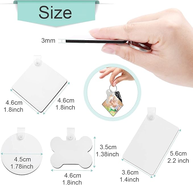 120Pcs Sublimation Keychain Blanks Bulk, DIY MDF 4 Shape Sublimation Blank Keychain with Keyrings, unisex-adult Double-Sided Printed Heat Transfer Keychain, White