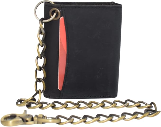 Men's RFID Blocking Trifold Vintage Leather Biker Chain Wallet With Snap Closure