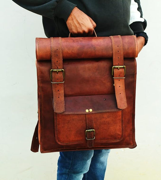 Men's 17 inch Leather Vintage Roll On Laptop Backpack Rucksack knapsack college bag