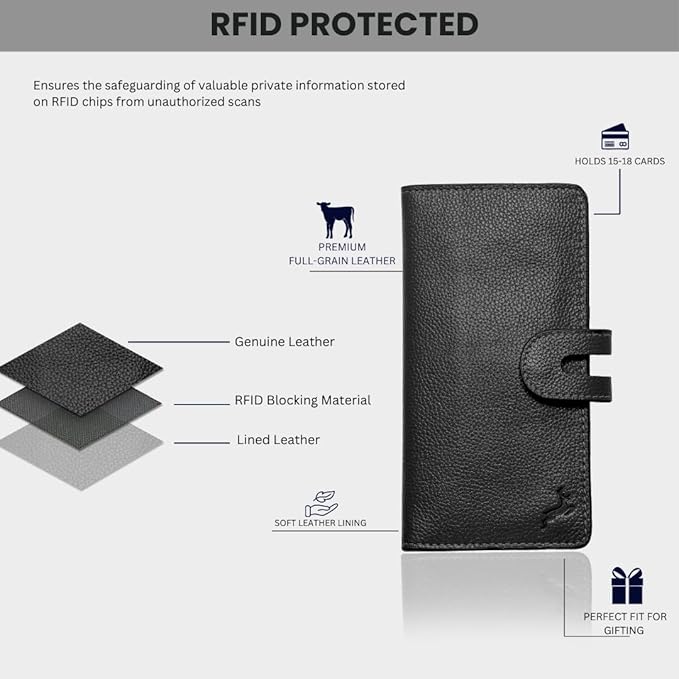 womens wallet (Holds 15-18 Cards, 4 Flat Pockets, 1 ID Windows) Genuine Leather clutch purses for women | Slim long wallets for women | rfid blocking wallet (black wallet)