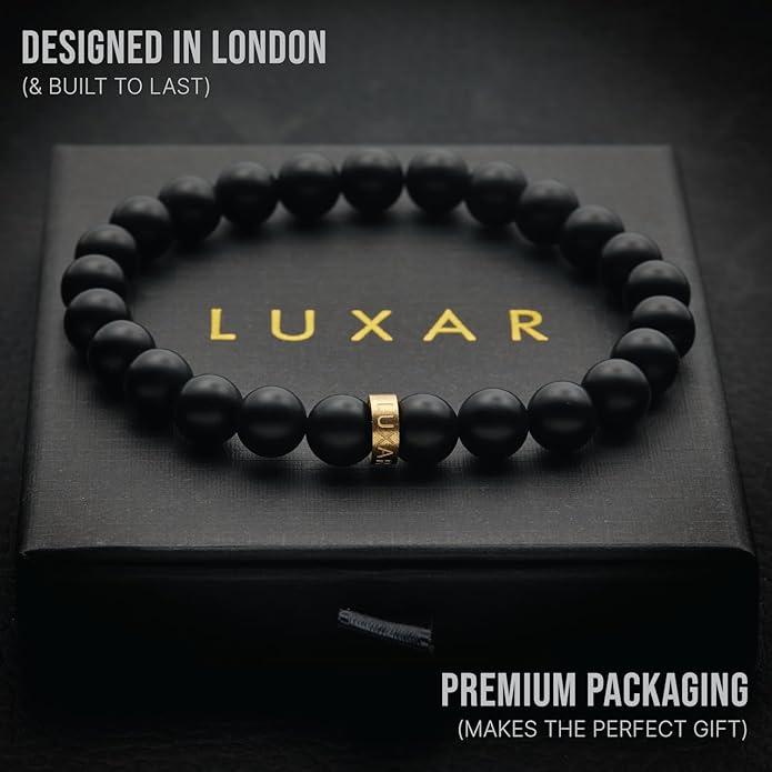 LUXAR Men’s Black Onyx Stone Bead Bracelets | Matte Black 8mm Stone | Minimalist, Designer Jewelry for Men