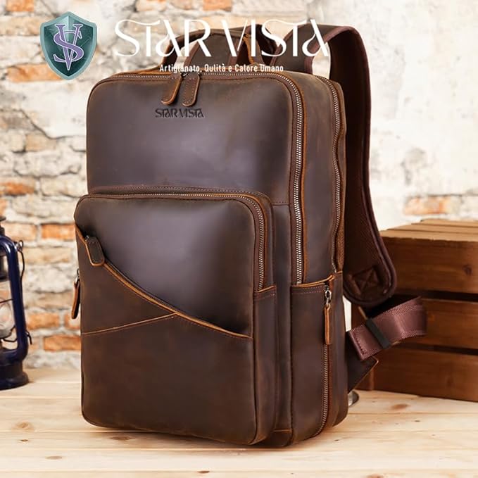 STAR VISTA 15.6" Trajan Vintage Full Grain Leather Laptop Backpack for Men, Multi Pockets, Casual Outdoor Business Travel Rucksack, YKK Zippers, Dark Brown