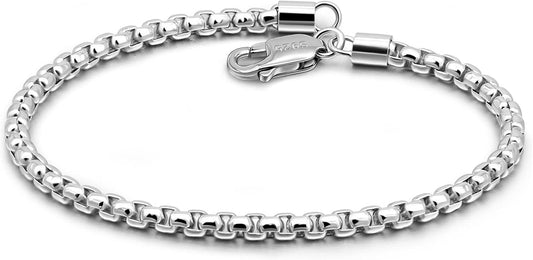 H&Beautimer Solid 925 Sterling Silver - Classic Men's 3MM Box Chain Bracelet - Original Silver Party Jewelry Bracelet 6.3-6.7-7-7.5-8-8.5-9'' - Handmade in Italy