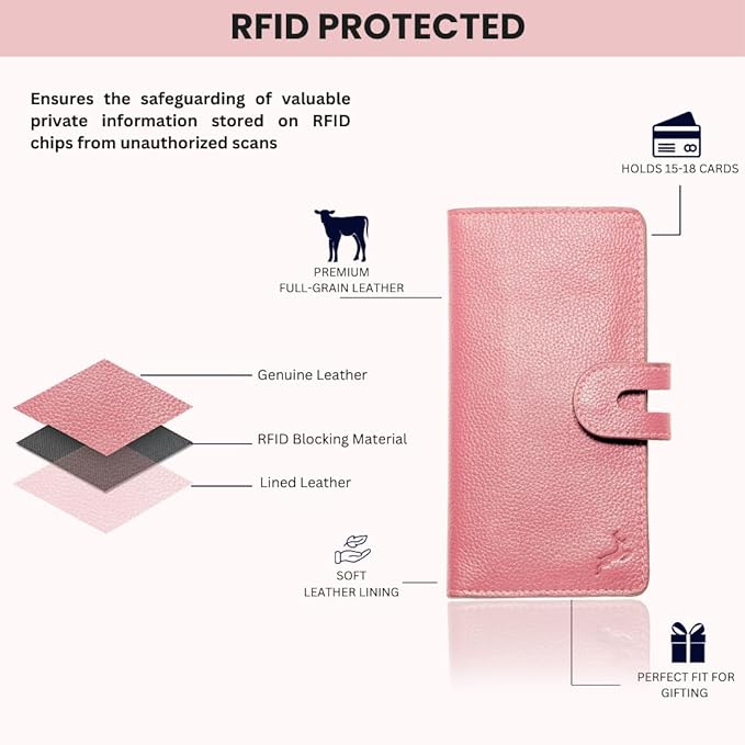 womens wallet (Holds 15-18 Cards, 4 Flat Pockets, 1 ID Windows) Genuine Leather clutch purses for women | Slim long wallets for women | rfid blocking wallet (pink wallets)