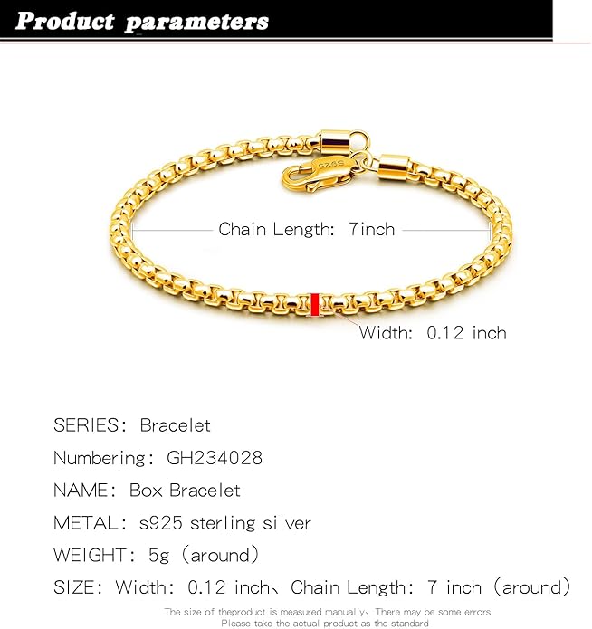 H&Beautimer Solid 925 Sterling Silver - Classic Men's 3MM Box Chain Bracelet - Original Silver Party Jewelry Bracelet 6.3-6.7-7-7.5-8-8.5-9'' - Handmade in Italy