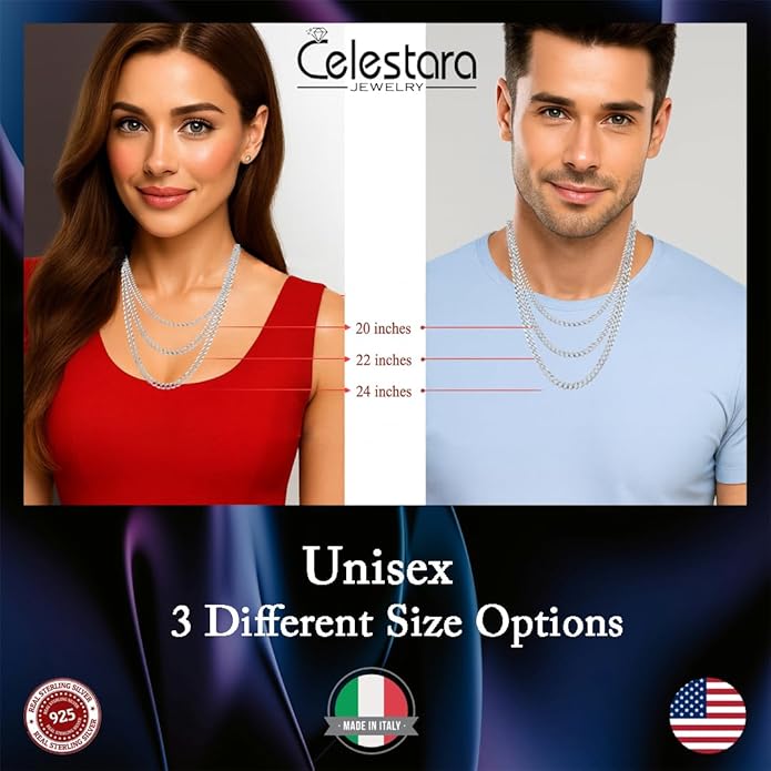 Celestara Jewelry, 925 Sterling Silver Cuban Link Chain, Italian-Made Solid Chain Bracelet and Necklace for Men & Women - (Premium Leather Gift Box Included)