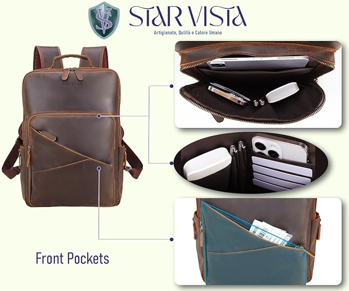 STAR VISTA 15.6" Trajan Vintage Full Grain Leather Laptop Backpack for Men, Multi Pockets, Casual Outdoor Business Travel Rucksack, YKK Zippers, Dark Brown