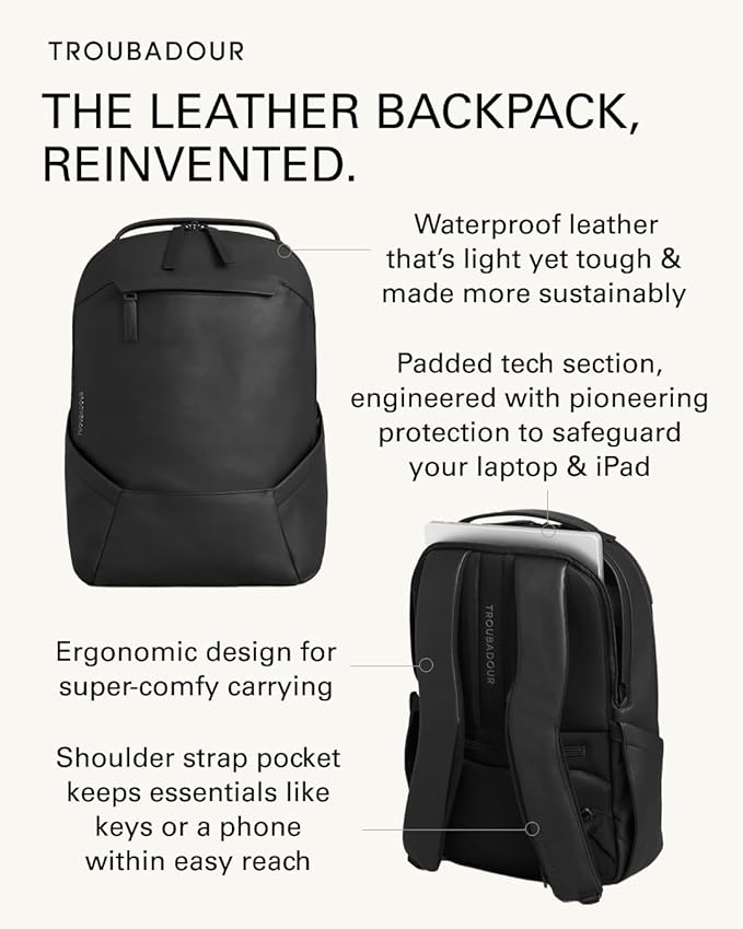 Troubadour Apex Leather Backpack - Innovative Waterproof Leather Laptop Backpack Fits Up to 16" - Ergonomic Design for Ultimate Comfort and Function - 5-Year Guarantee