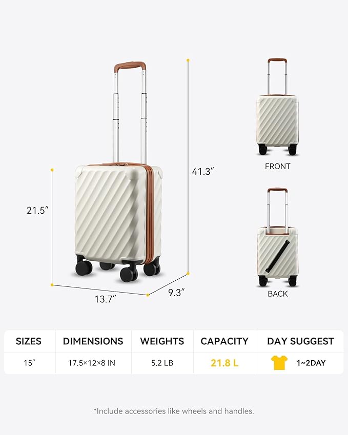LUGGEX Luggage with Spinner Wheels, Polycarbonate Hard Shell Suitcase, Underseat 15 Inch, Beige