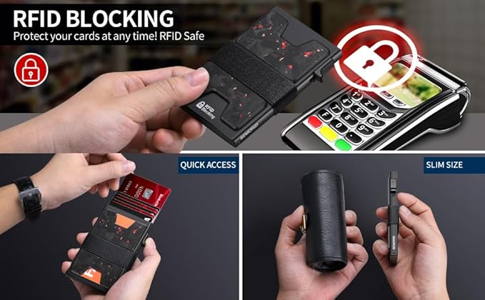 Slim Wallet for Men, Minimalist RFID Blocking Mens Card Wallet - Pop Up Credit Card Holder, Thin Metal Case with Cash Band, Hold 12+ Cards