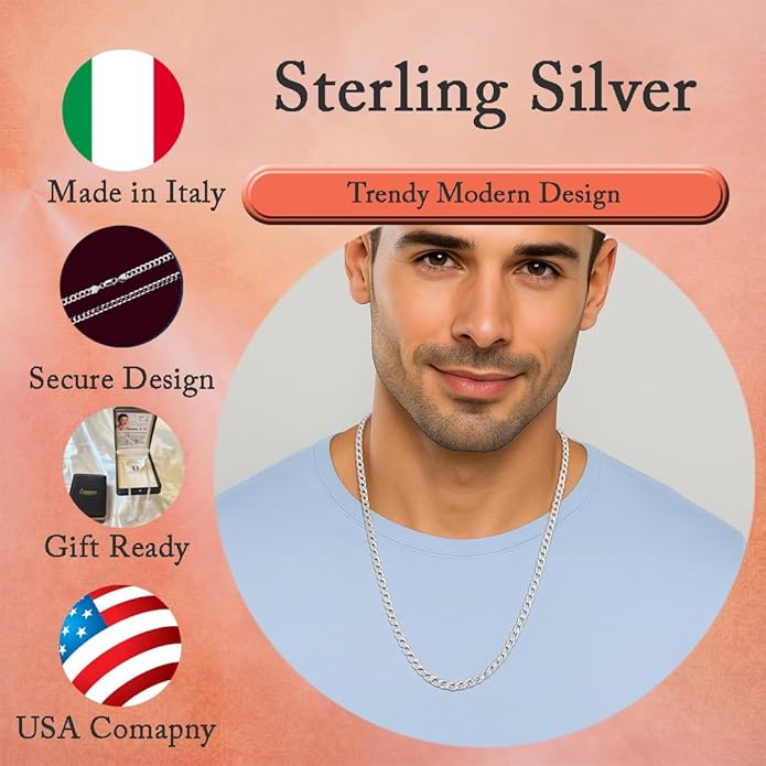 Celestara Jewelry, 925 Sterling Silver Cuban Link Chain, Italian-Made Solid Chain Bracelet and Necklace for Men & Women - (Premium Leather Gift Box Included)