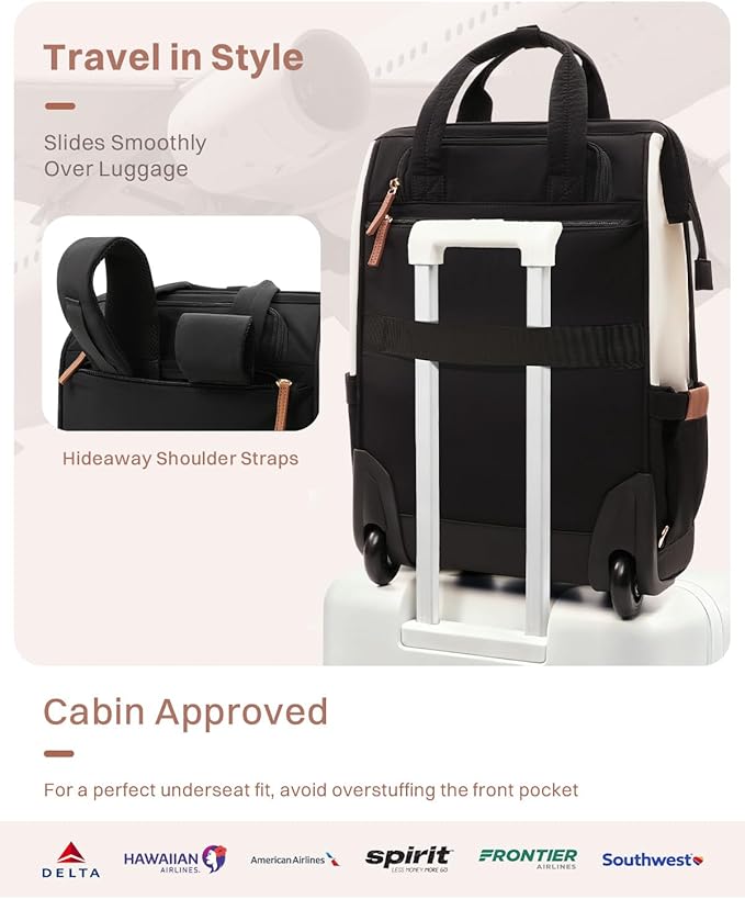 Rolling Puffer Backpack for Women, Travel Backpack with Wheels, 16 Inch Wheeled Laptop Backpack, Dual-Opening Design Overnight College Underseat Carry on Luggage, Roller Business Work Bag, Beige Brown