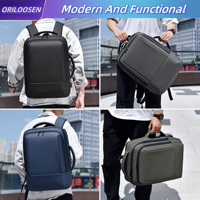 17/15.6" Business laptop backpack, PU Travel laptop backpack,carry on backpack, Expandable laptop backpack Men,college backpack(02#updated, Black)