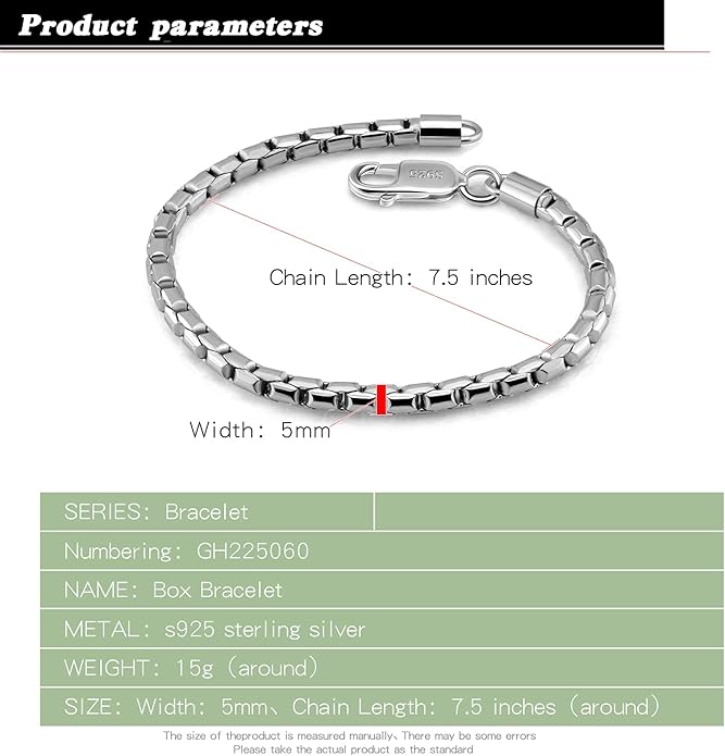 Dankadi Men 925 Sterling Silver Bracelet Fashion Italy 5MM Square Rolo Link Round Box Chain Bangle 6.5 "7" 7.5 "8" 8.5" 9" Fine Cuff Jewelry Gift