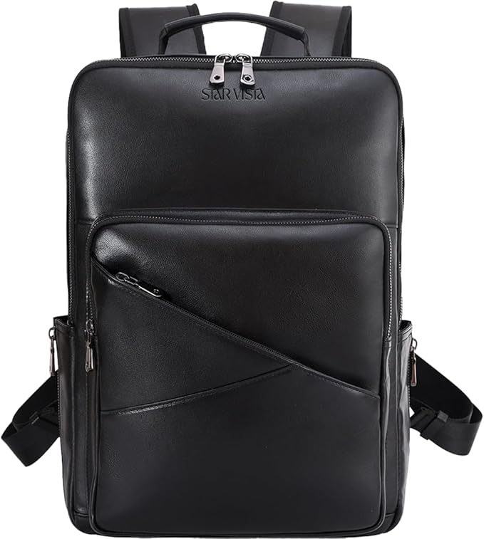 STAR VISTA 15.6" Trajan Premium Calfskin Leather Laptop Backpack for Men, Multi Pockets, Business Travel Bag, Casual Outdoor Rucksack, YKK Zippers, Black