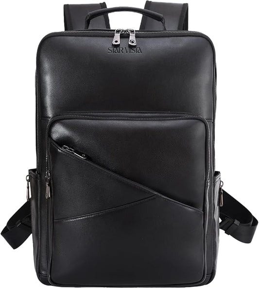 STAR VISTA 15.6" Trajan Premium Calfskin Leather Laptop Backpack for Men, Multi Pockets, Business Travel Bag, Casual Outdoor Rucksack, YKK Zippers, Black