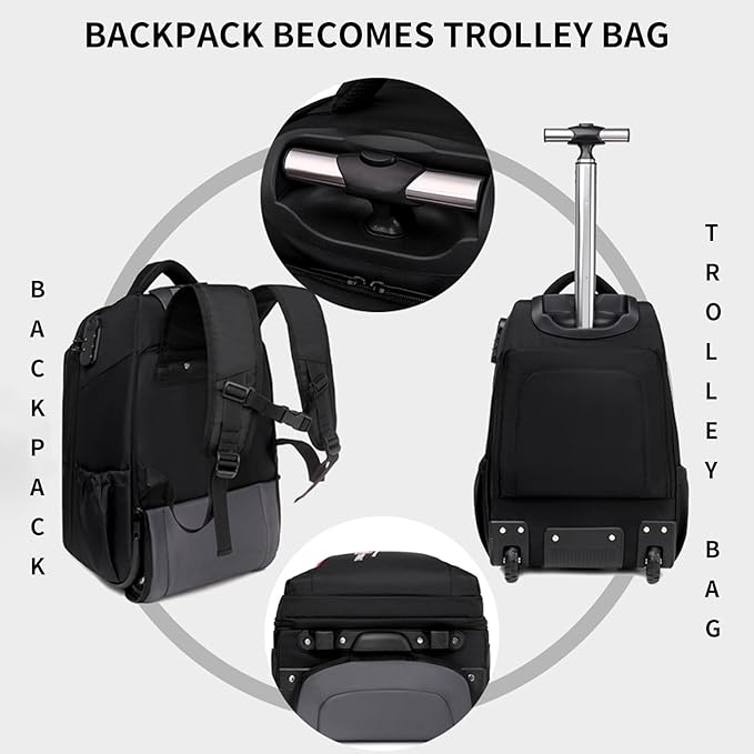 Rolling Backpack for Men Adults, Business Carry on Luggage 15 inch Laptop Wheeled Backpack, Travel Suitcase Women Trolley Bag with Wheels,Black