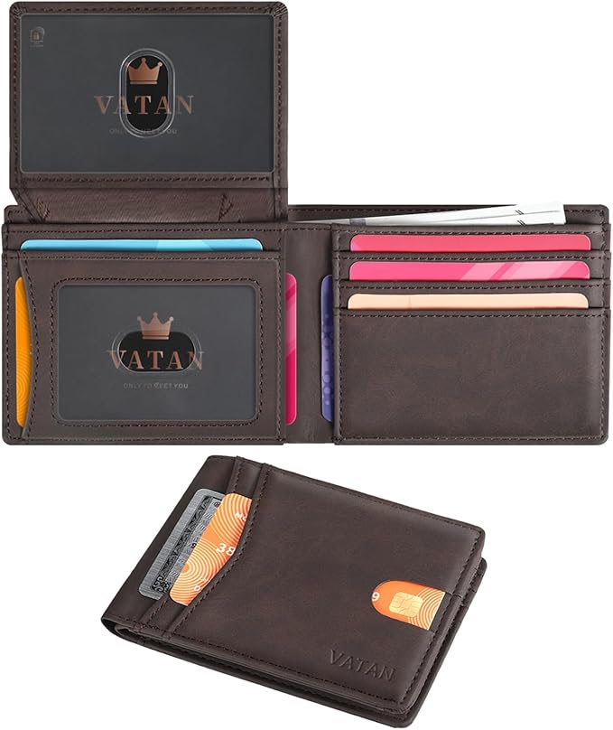 VATAN Wallet for Men, Mens Minimalist Wallet Credit Card Holder, Slim Leather Rfid 2 ID Window Large Capacity With Gift Box (Crazy Horse Deep Brown)