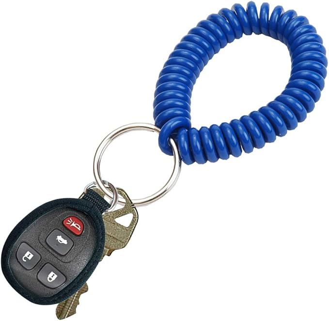 Lucky Line 2” Spiral Wrist Coil with Steel Key Ring, Flexible Wrist Band Key Chain Bracelet, Stretches to 12” Blue, 10 PK (41035)